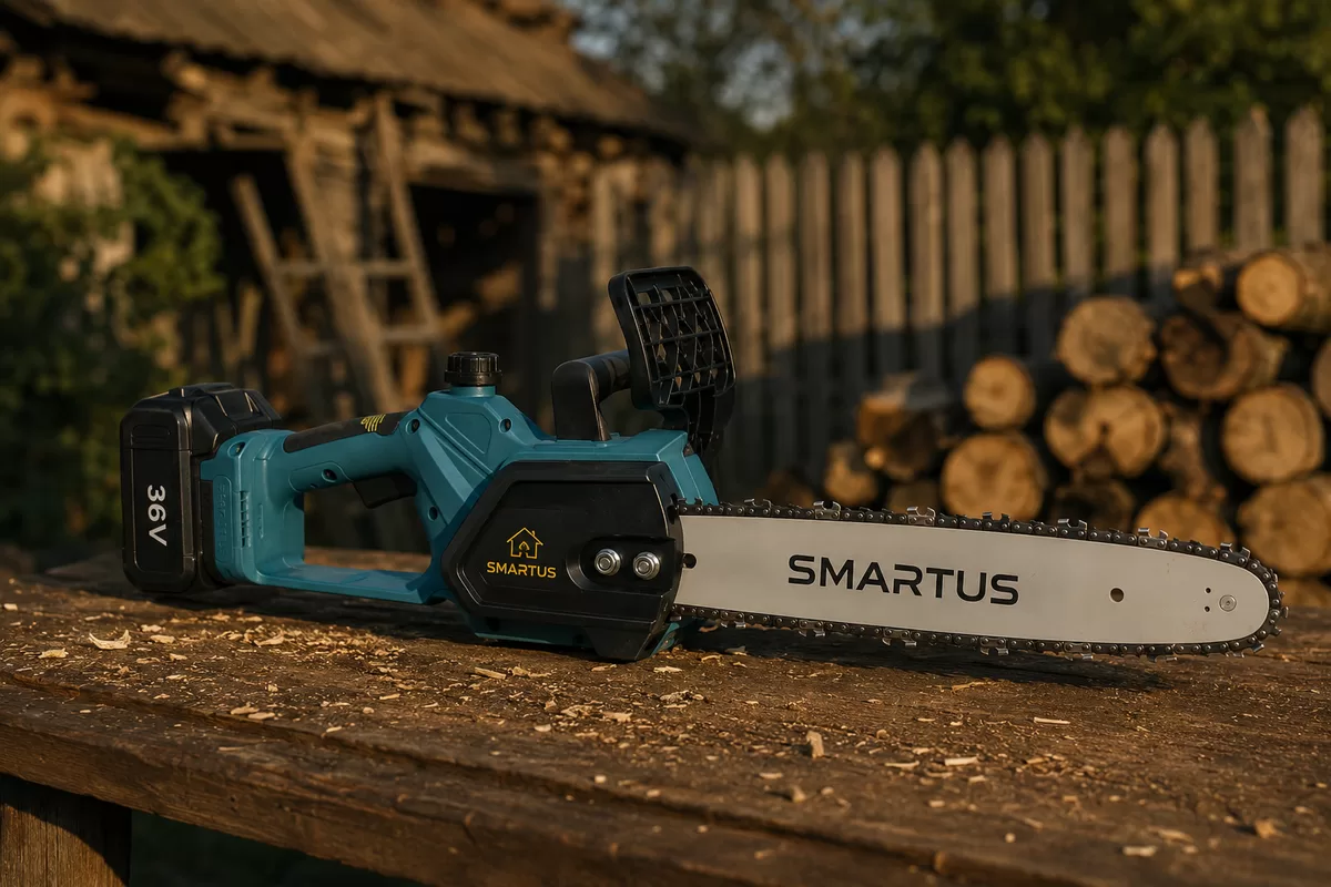 Пила SMARTUS 36V на робочому столі — ланцюг 30 см, видно ємність акумулятора