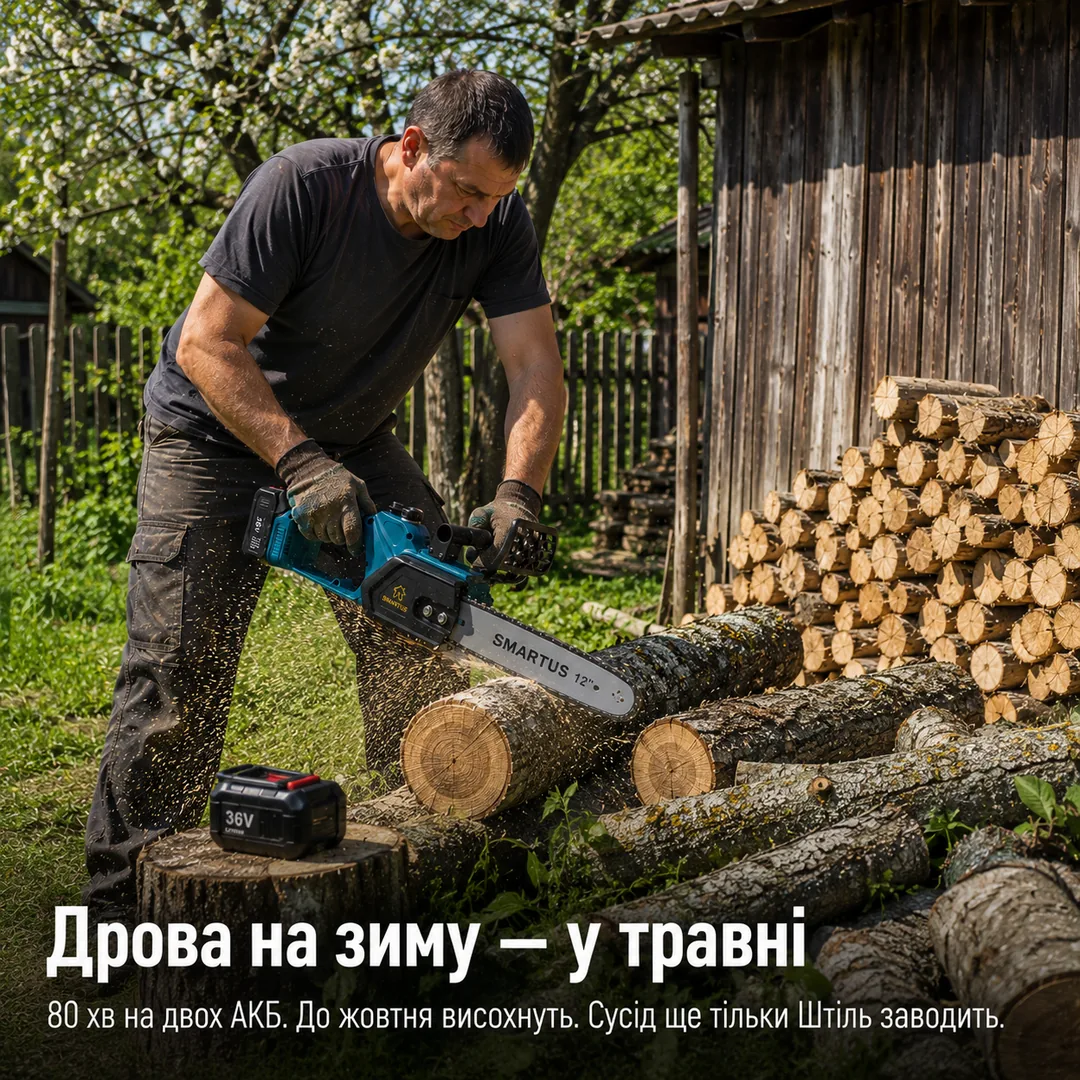 Чоловік розпилює стовбури на поліна — заготівля дров навесні
