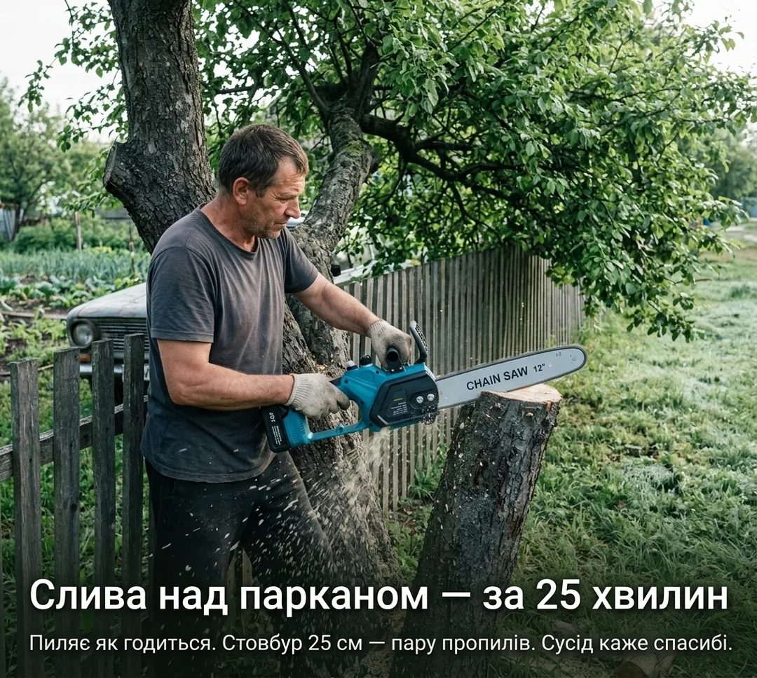 Стара слива над парканом — піднімаєш однією рукою, пиляєш обома