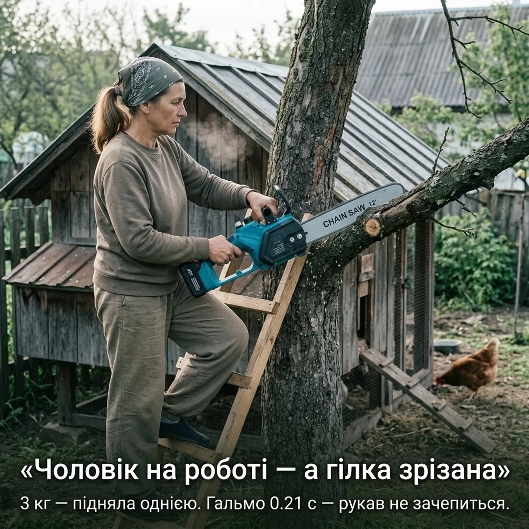 Жінка зрізає гілку над курником пилою — впоралась за 8 хвилин